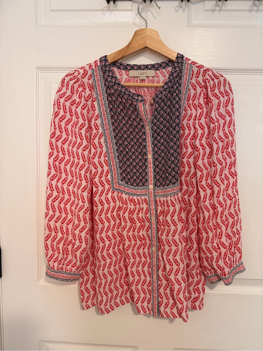 LOFT Red and Navy Printed Tunic Blouse